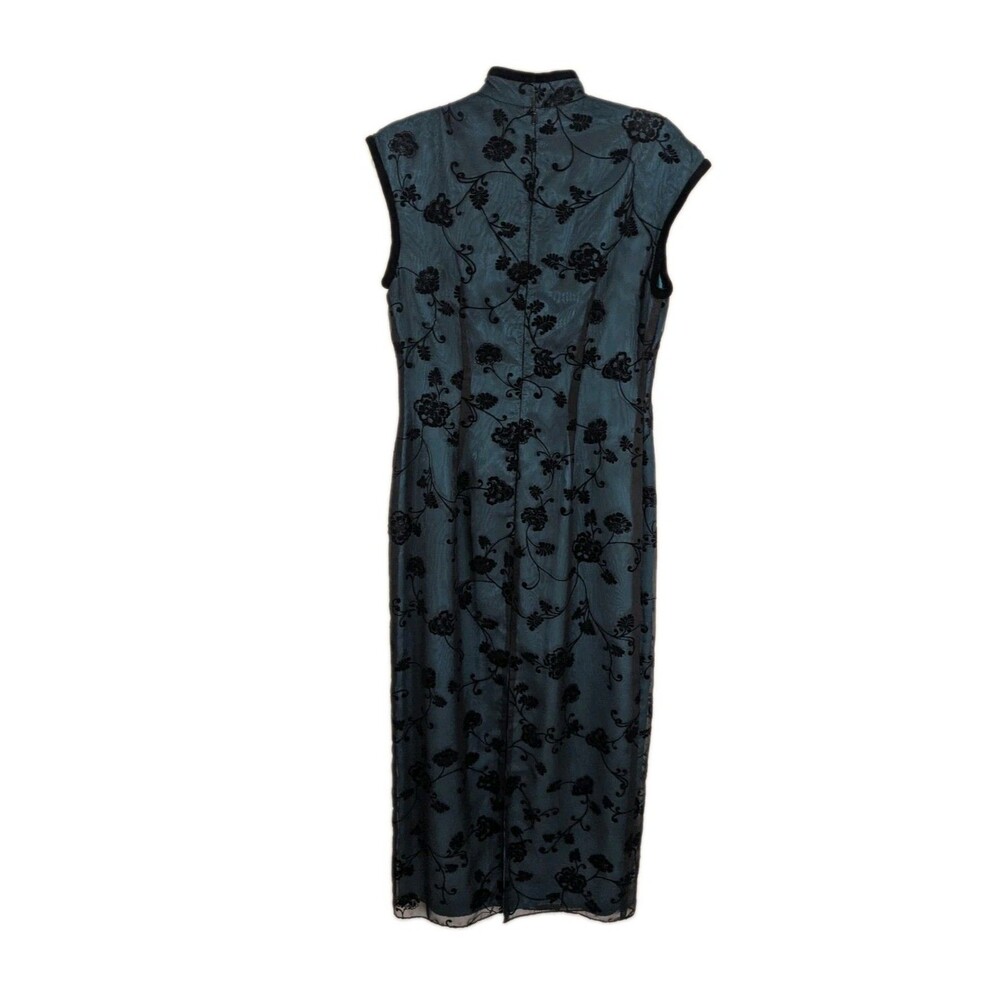 Vintage Dark Green Burnout Velvet Asian Inspired Mandarin Collar Maxi Dress Sz 8 - Picture 9 of 9
